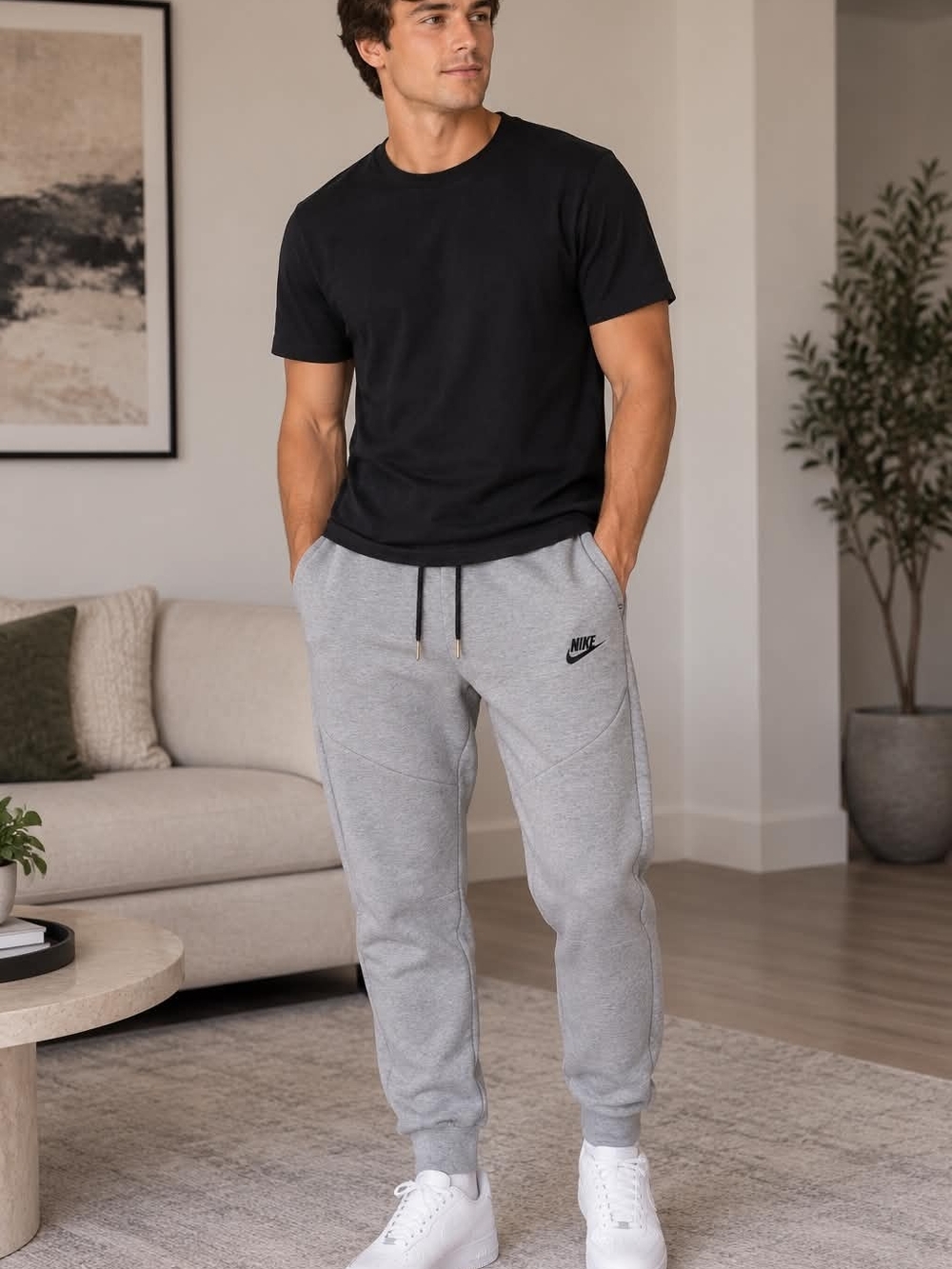 Nike Men’s Light Gray Fleece Joggers with Black Logo